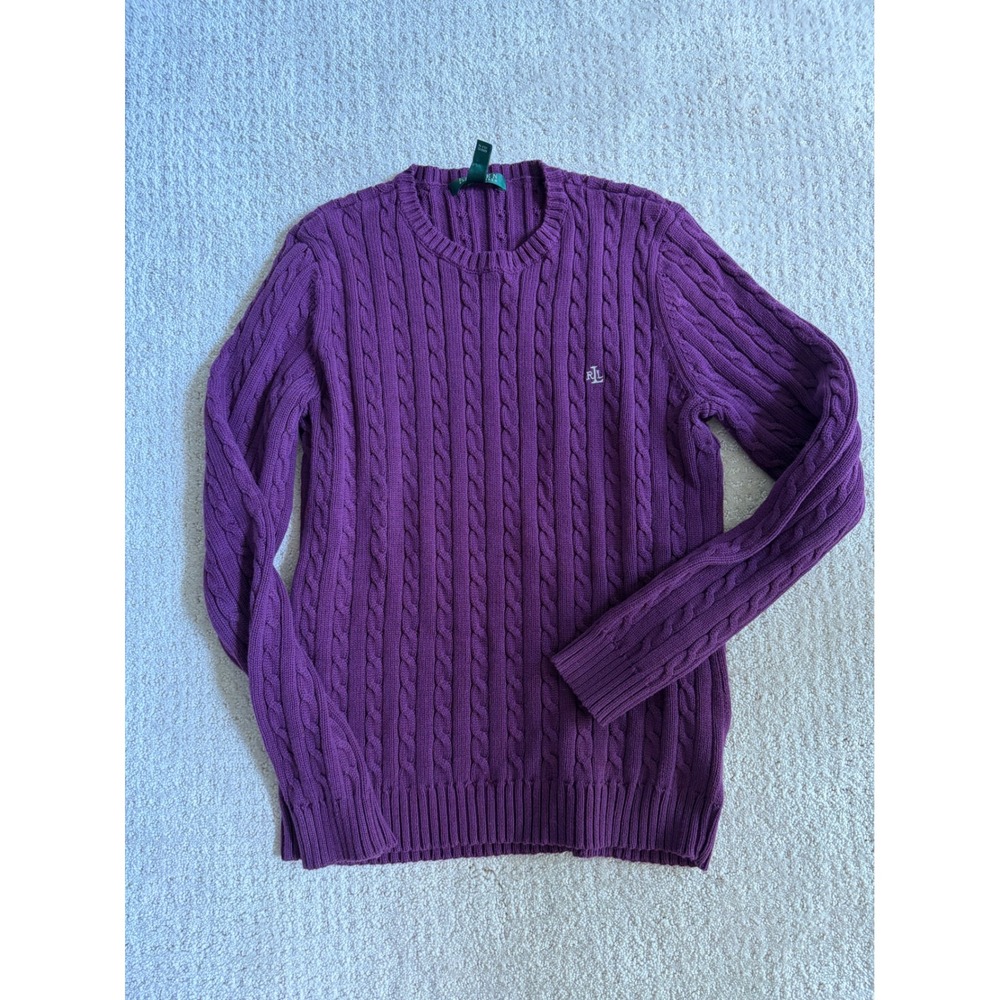Lauren Ralph Lauren Womens Purple Cable Knit Crew Neck Sweater RL Logo Medium